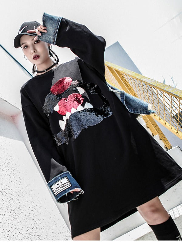 Stylish Loose Jean Cropped Splicing Print Hoodie