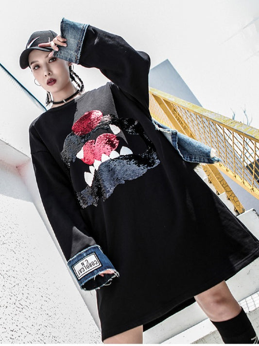 Stylish Loose Jean Cropped Splicing Print Hoodie