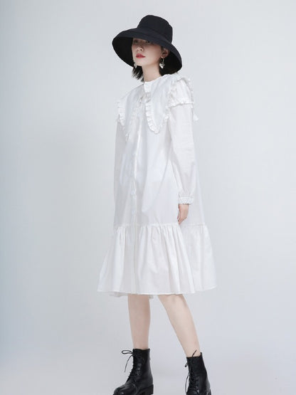 Loose Solid Ruffle Collar Cropped Falbala Dress