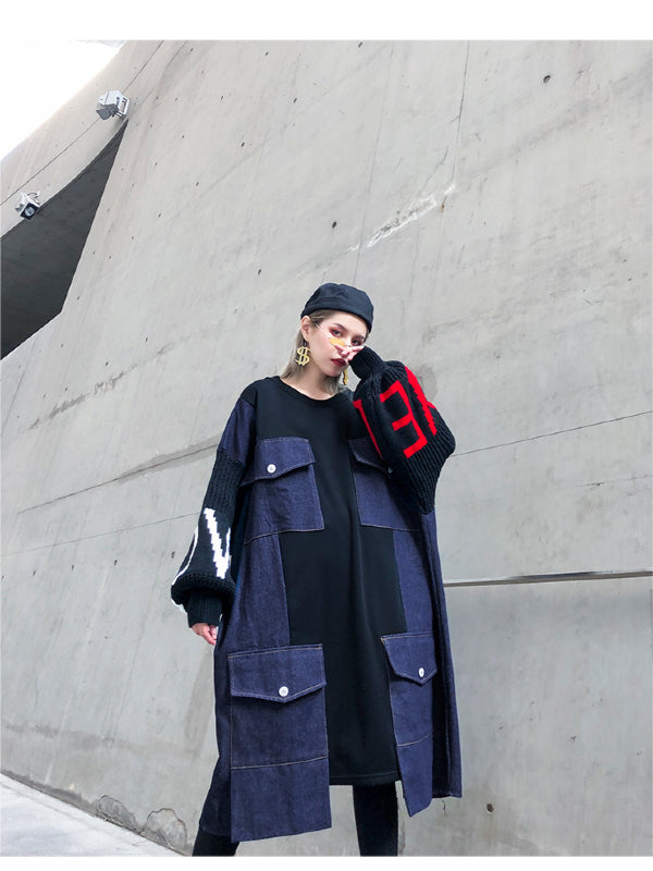 CASAUL DENIM SPLIT-JOINT SWEATSHIRT DRESS