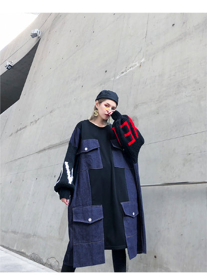 CASAUL DENIM SPLIT-JOINT SWEATSHIRT DRESS