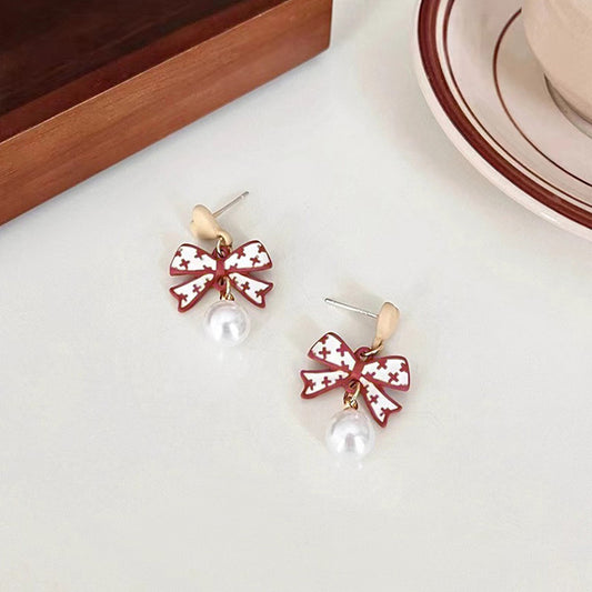 Coffee-colored bow temperament pearl earrings