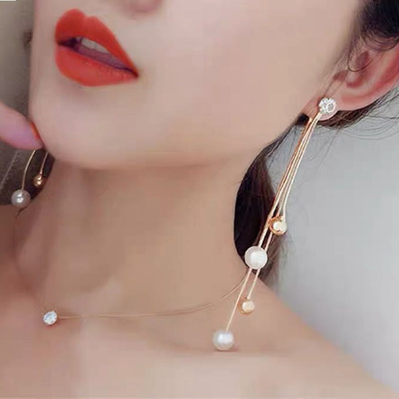 Bowknot geometric tassel long pearl rhinestone earrings