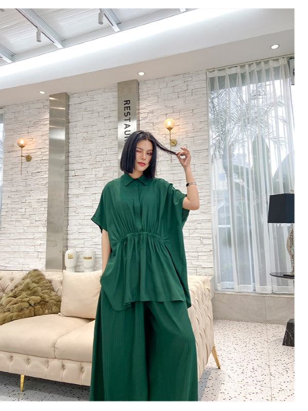 URBAN ELASTICITY BATWING SLEEVE LAPEL TOPS&WIDE LEG PANTS SUITS