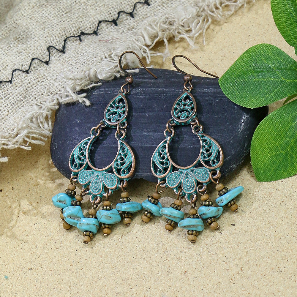 Retro earrings geometric turquoise tassel earrings