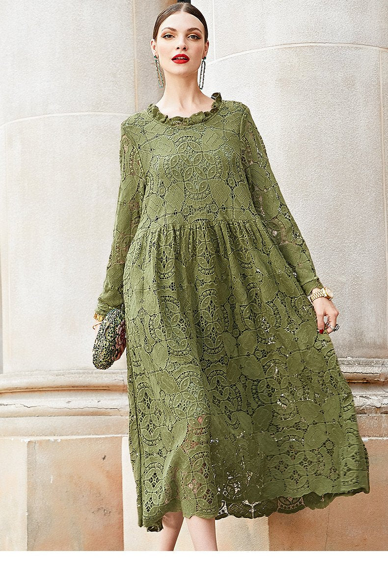 Casual Floral Daily Green Long Sleeve Midi Dress