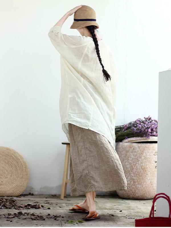 VINTAGE SOLID LINEN DRAWSTRING SKIRT
