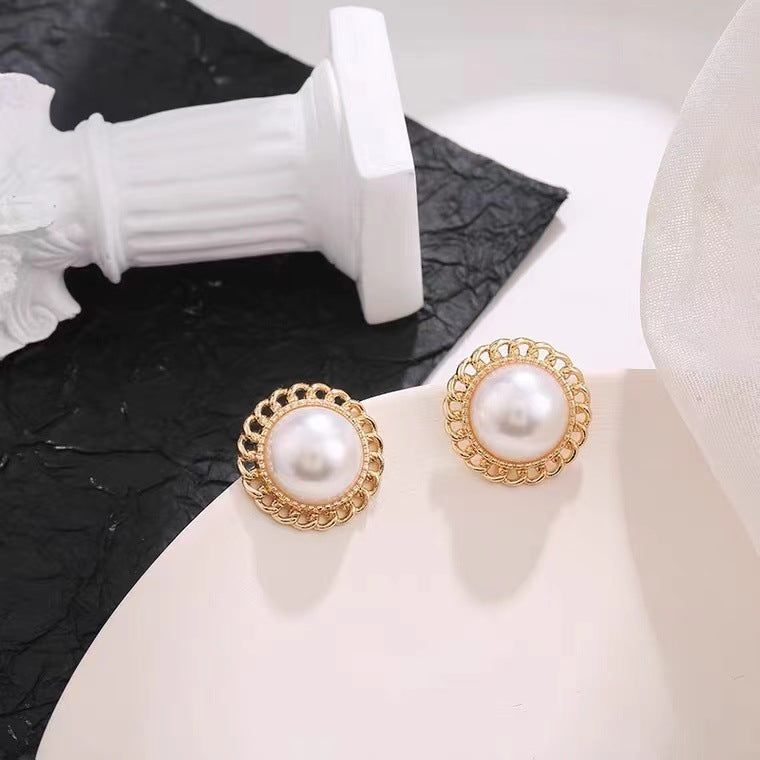 S925 silver needle round pearl hollow earrings