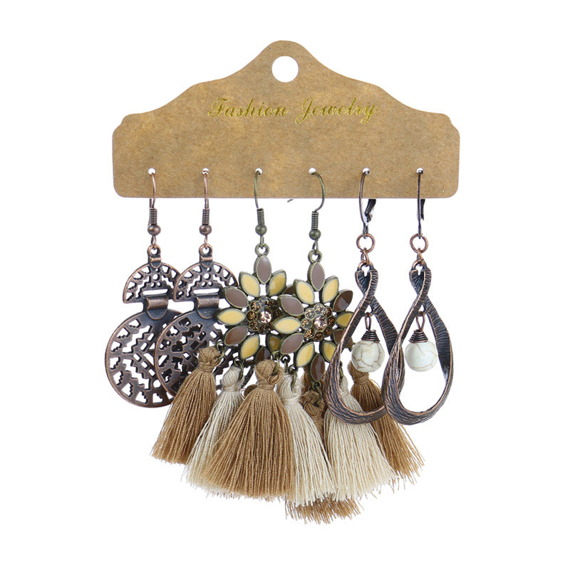 Leaf tassel vintage combination earrings