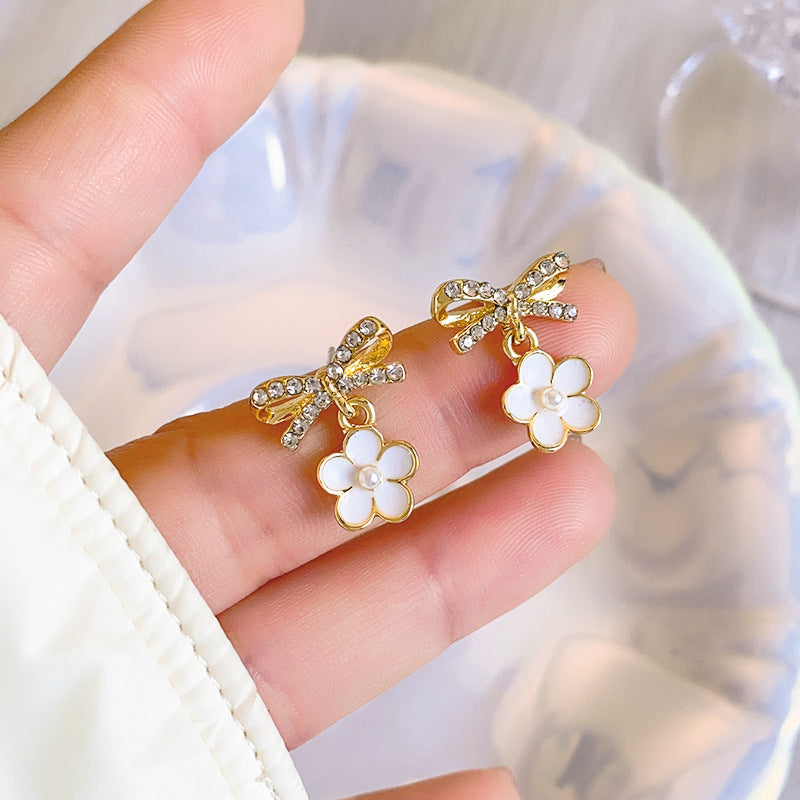 S925 silver pin-set diamond bow flower earrings