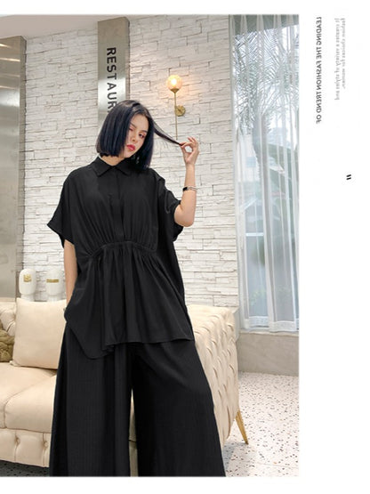 URBAN ELASTICITY BATWING SLEEVE LAPEL TOPS&WIDE LEG PANTS SUITS