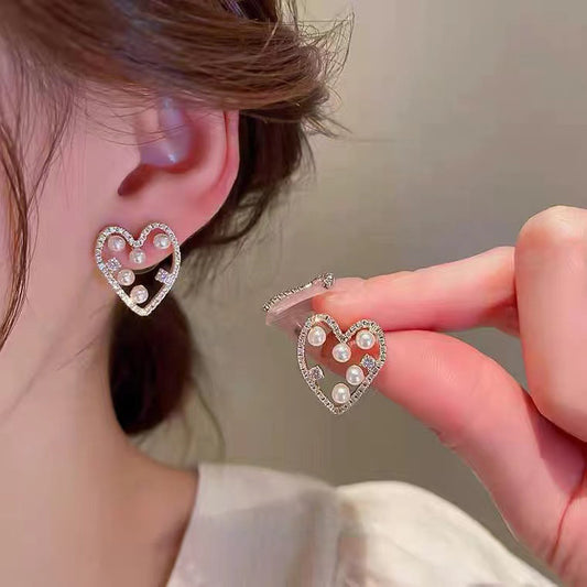 S925 silver needle minority irregular full diamond pearl love earrings