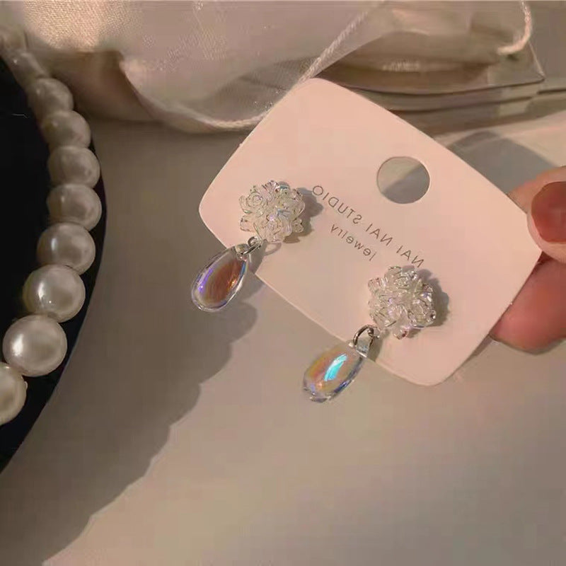 S925 silver needle flower transparent water drop earrings