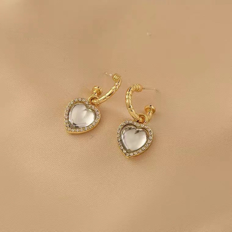 S925 silver needle vintage transparent resin love earrings