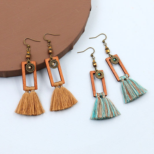 Fashionable Bohemian retro square tassels long earrings