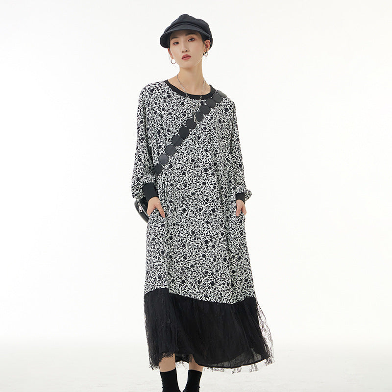 Large size women's fake two-piece cuff design skirt loose slim dress