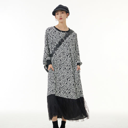 Large size women's fake two-piece cuff design skirt loose slim dress