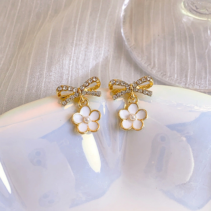 S925 silver pin-set diamond bow flower earrings