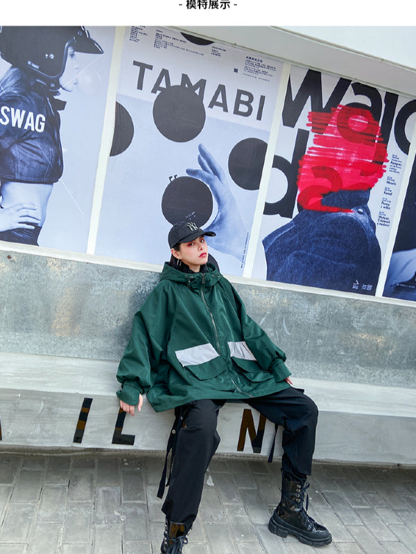 Stylish Loose Large Pocket Zipper Hood Outwear