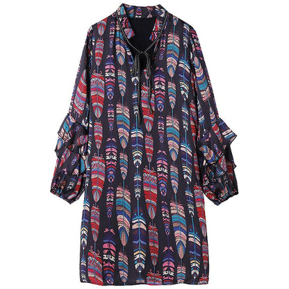 Ruffles Printing Lacing Loose Long Sleeve Mini Dress