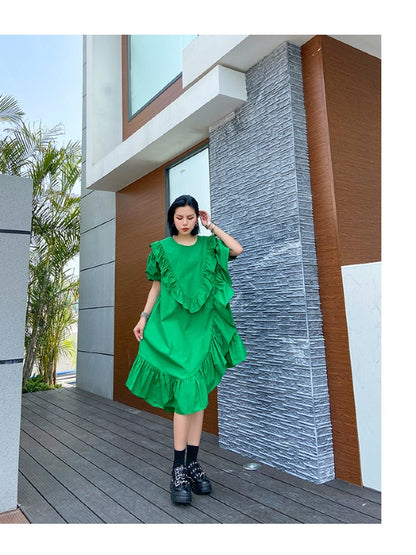 SOLID FALBALA BISHOP SLEEVE ASYMMETRIC MIDI DRESS