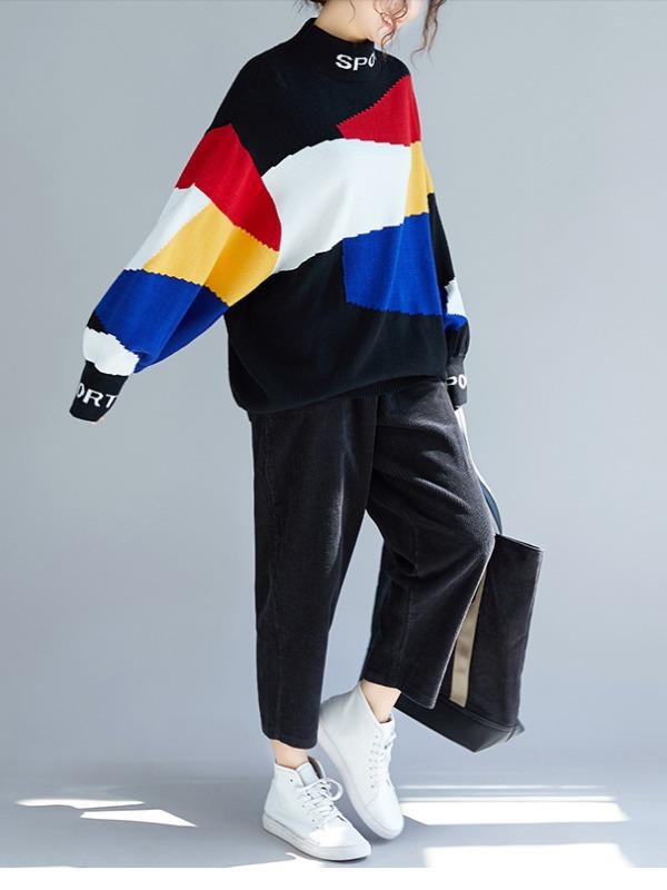 LOOSE CONTRAST COLOR HIGH-NECK KNITTING SWEATER - Zebrant