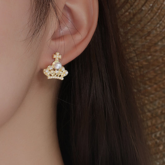 S925 silver needle crown pearl earrings