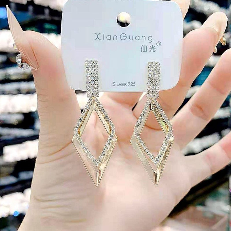 Bowknot geometric tassel long pearl rhinestone earrings