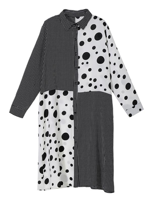 POLKA-DOT SPLIT-JOINT PLAID SHIRT DRESS