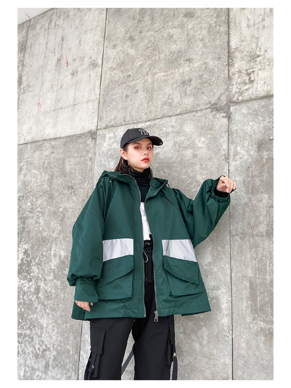 Stylish Loose Large Pocket Zipper Hood Outwear