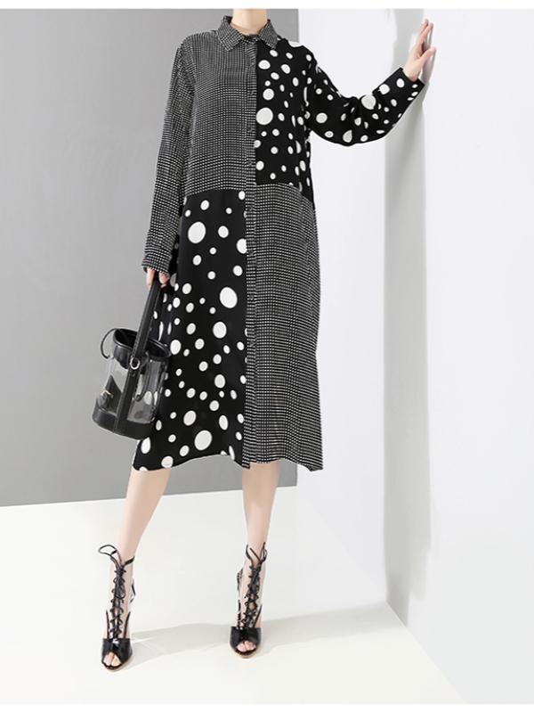 POLKA-DOT SPLIT-JOINT PLAID SHIRT DRESS