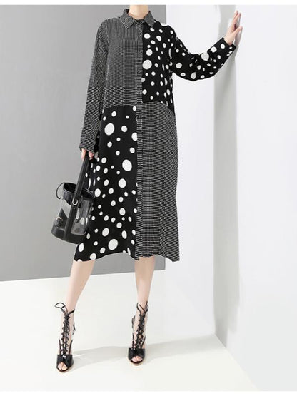 POLKA-DOT SPLIT-JOINT PLAID SHIRT DRESS