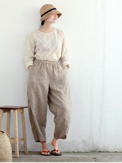VINTAGE SOLID LINEN ELASTIC WAIST PANTS