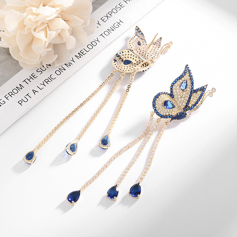 Color zircon silver needle long earrings