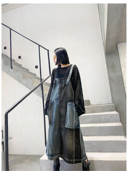 Contrast Color Splicing Sleeveless Jean Dress