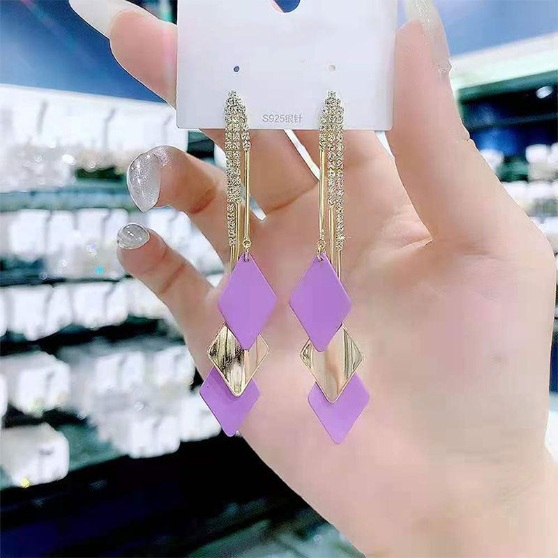 Bowknot geometric tassel long pearl rhinestone earrings