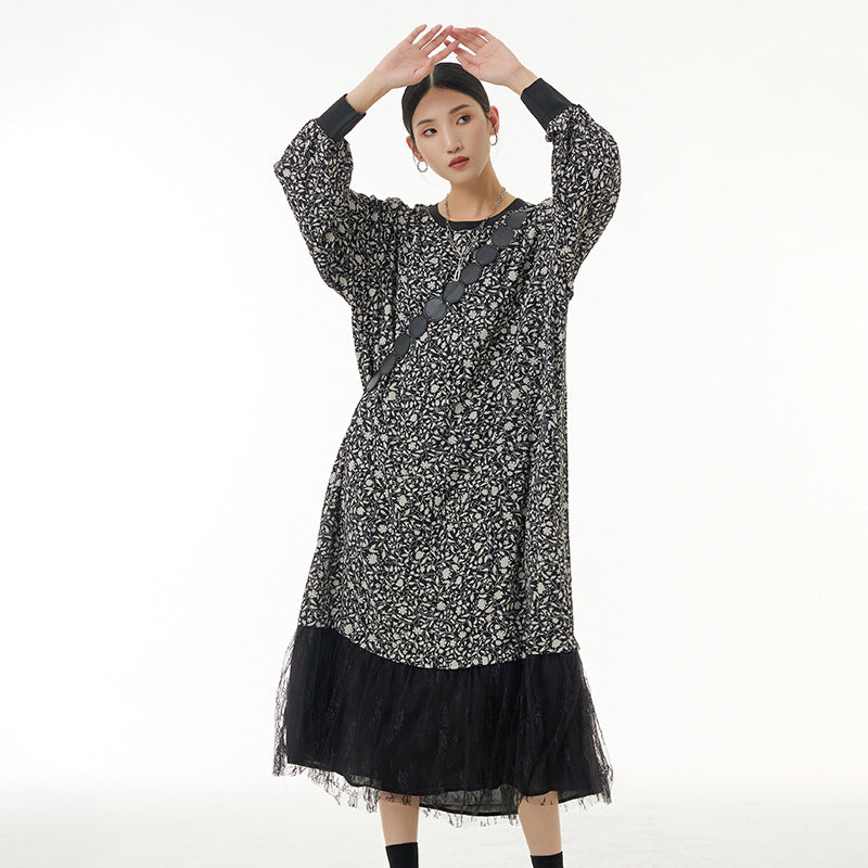 Large size women's fake two-piece cuff design skirt loose slim dress