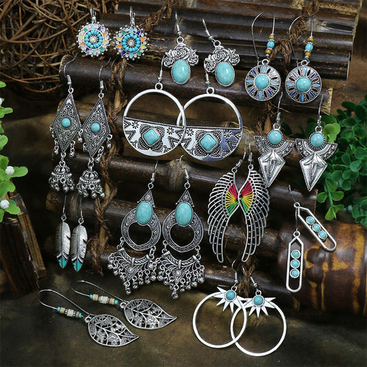Silver geometric metal turquoise inlaid tassel earrings