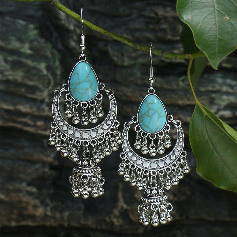 Silver geometric metal turquoise earrings