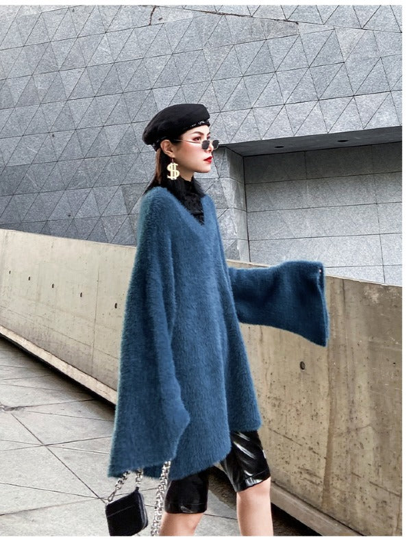Loose V-Neck Mohair Knitting Sweater