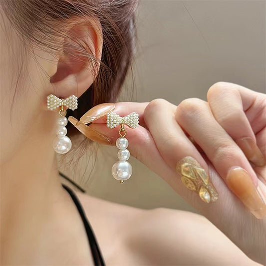 S925 silver needle bow pearl earrings
