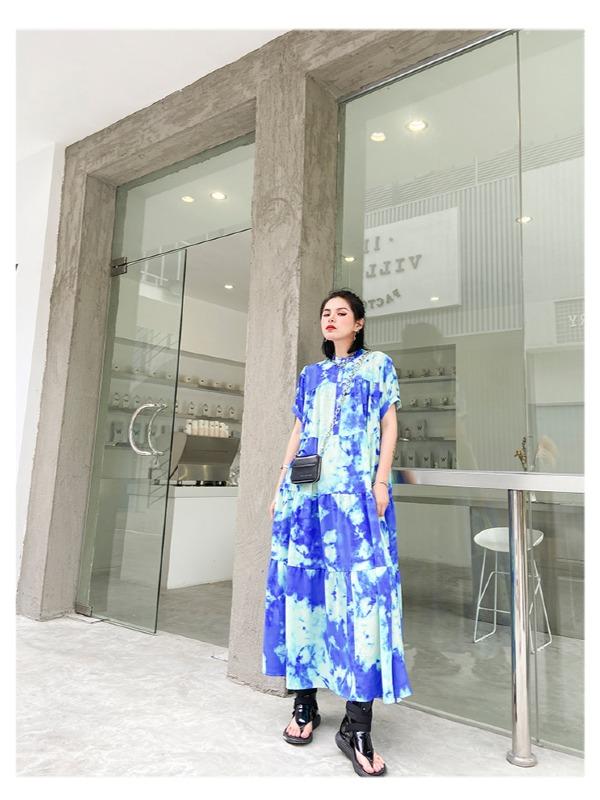 Fashion Tie-Dyed Bishop Sleeve A-Line Dress