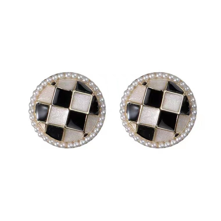 S925 silver pin ins round chessboard pearl zircon earrings