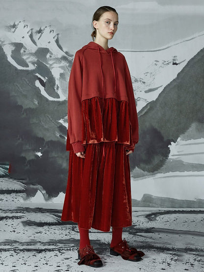 Autumn Spliced Crimson Sweatshirt And Calf Skirt
