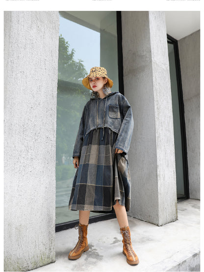 VINTAGE PLAID SPLIT-JOINT HOODIE MIDI DRESS
