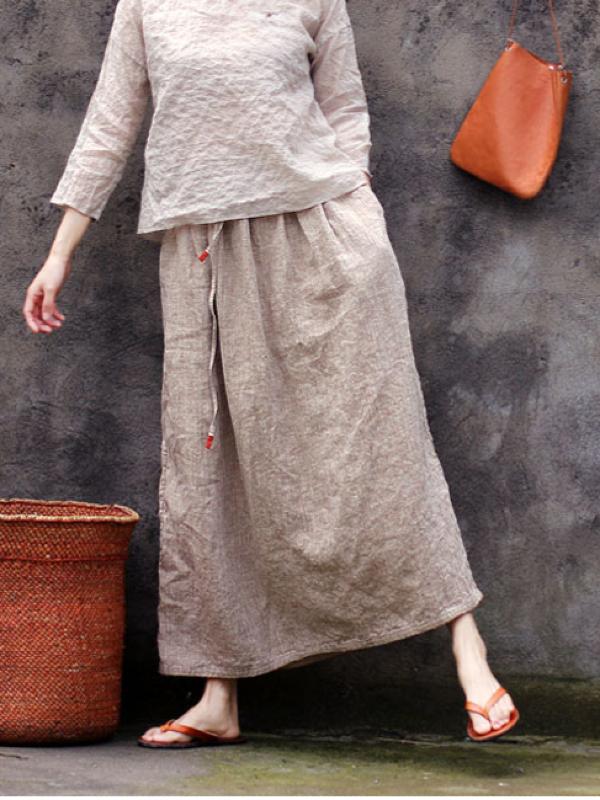 VINTAGE SOLID LINEN DRAWSTRING SKIRT