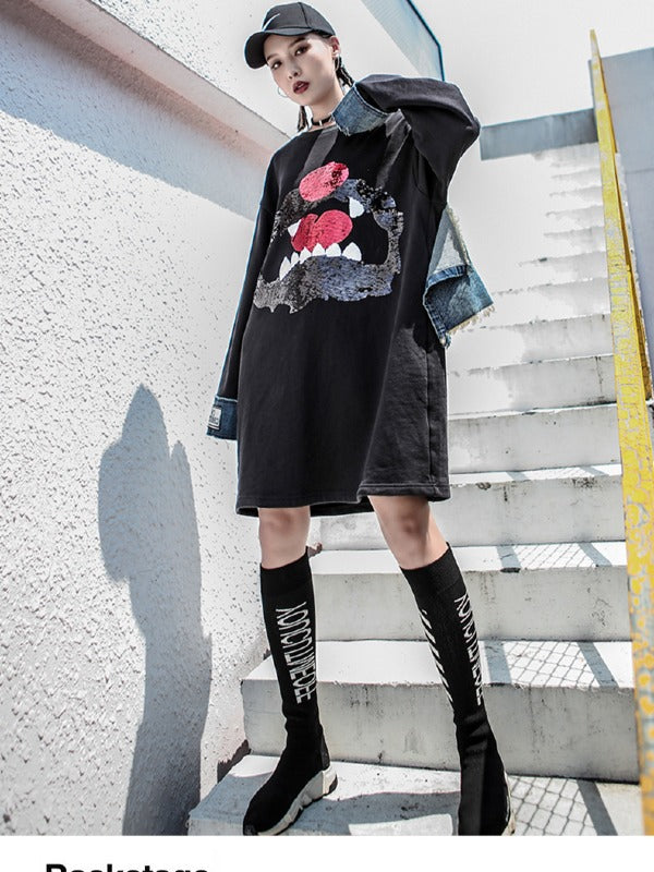 Stylish Loose Jean Cropped Splicing Print Hoodie