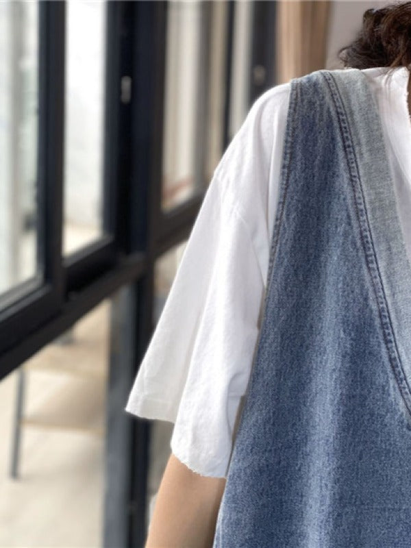 Loose Jean Splicing Contrast Color V-Neck Dress