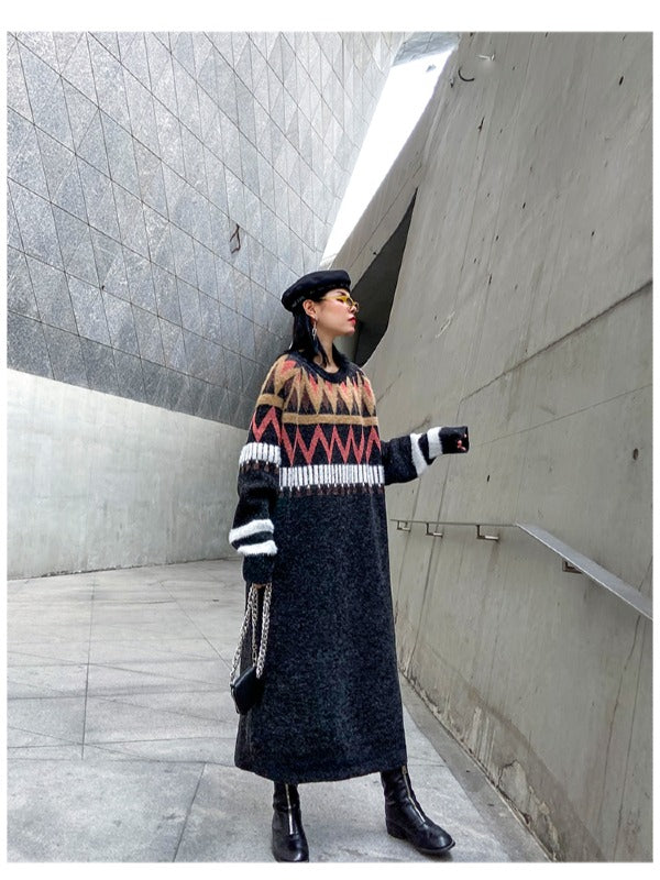 Loose Printed Round-Neck Knitting Sweater Dress