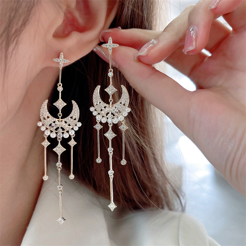Star Moon pearl temperament long Tassel Earrings